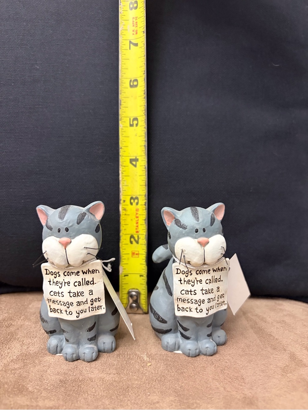 Gray Cat Figurine with Pink Ears and Funny Message